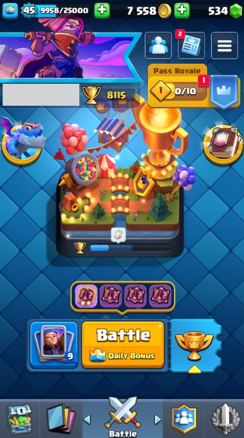Clash Royale Account (IOS/Android) – Level 45 | Kings Tower 14 | 8115 Trophy | 115 Cards | 36 Emotes | 534 Gems | 7 k Gold