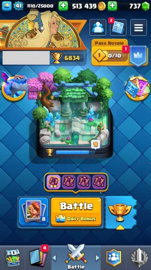 Clash Royale Account (IOS/Android) – Level 41 | Kings Tower 13 | 6834 Trophy | 117 Cards | 32 Emotes | 737 Gems | 513 k Gold