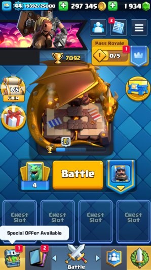 Clash Royale Account (IOS/Android) – Level 44 | Kings Tower 14 | 7092 Trophy | 108 Cards | 32 Emotes | 1934 Gems | 297 k Gold
