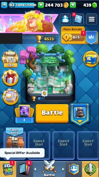 Clash Royale Account (IOS/Android) – Level 43 | Kings Tower 14 | 6533 Trophy | 106 Cards | 32 Emotes | 439 Gems | 244 k Gold