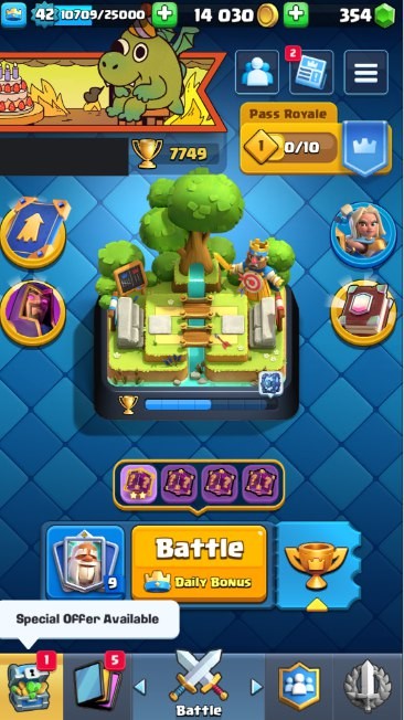 Clash Royale Account (IOS/Android) – Level 42 | Kings Tower 14 | 7749 Trophy | 117 Cards | 51 Emotes | 345 Gems | 14 k Gold