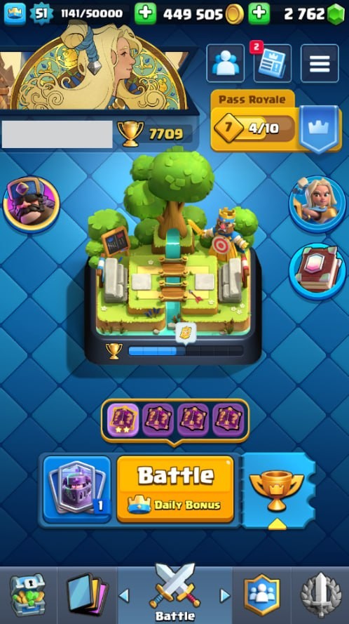 Clash Royale Account (IOS/Android) – Level 51 | Kings Tower 14 | 7709 Trophy | 119 Cards | 43 Emotes | 2762 Gems | 449 k Gold