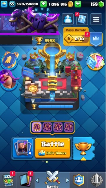 Clash Royale Account (IOS/Android) – Level 55 | Kings Tower 15 | 9598 Trophy | 119 Cards | 90 Emotes | 159 Gems | 1.09 kk Gold