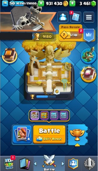 Clash Royale Account (IOS/Android) – Level 50 | Kings Tower 14 | 9180 Trophy | 119 Cards | 43 Emotes | 3461 Gems | 931 k Gold
