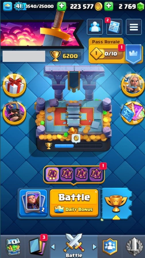 Clash Royale Account (IOS/Android) – Level 41 | Kings Tower 13 | 6200 Trophy | 112 Cards | 21 Emotes | 2769 Gems | 223 k Gold