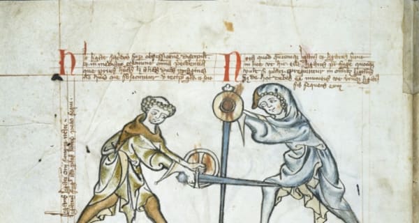 Blatt aus dem Royal Armouries MS I.33, um 1300: zwei Paare mit Schwert und Buckler in Bindung, darüber lateinischer Text in roter und brauner Tinte