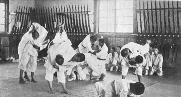 Historical photograph: jujutsu practice at a Japanese agricultural school