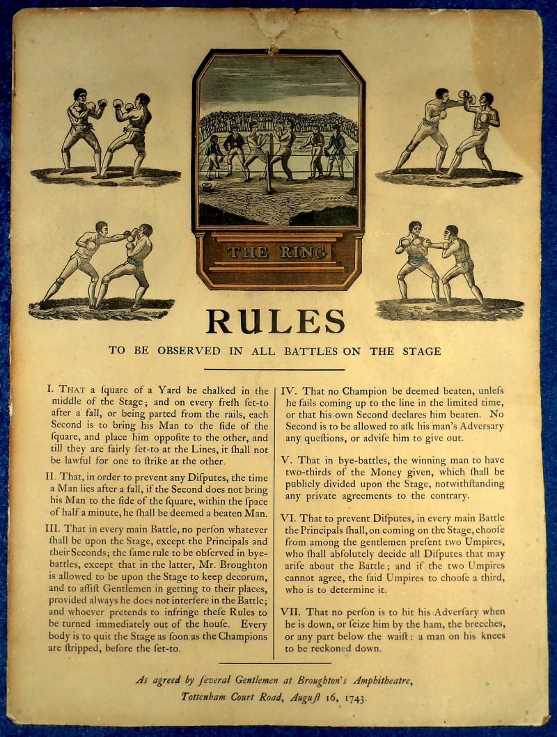 Gedruckter Regelbogen von 1743 mit der Überschrift RULES to be observed in all battles on the stage: sieben nummerierte Punkte in zwei Spalten, darüber Stiche von vier Faustkämpferpaaren um eine Ringszene