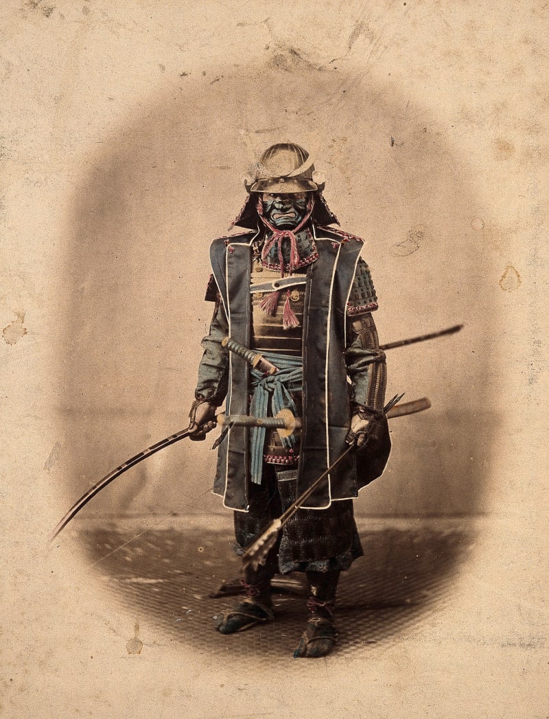 Koboto Santaro, japanischer Heerführer in traditioneller Rüstung, kolorierte Fotografie