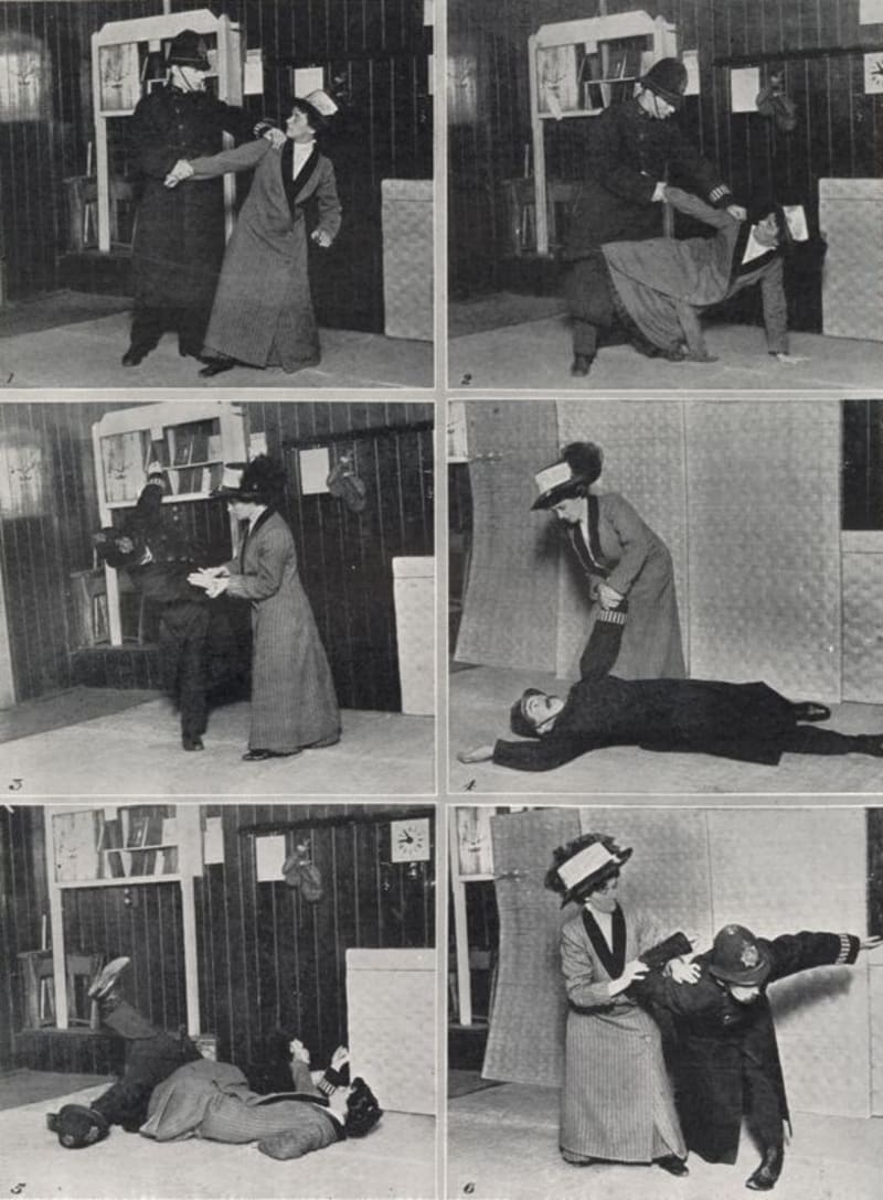Sechsteilige Fotoreihe von 1910: Eine Frau in langem Rock und Hut wehrt einen als Polizisten gekleideten Mann ab, wirft ihn und hält ihn am Boden; die Bilder sind von 1 bis 6 durchnummeriert
