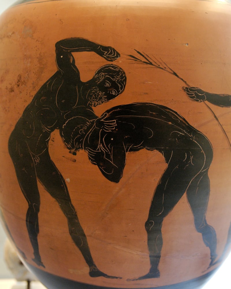 Zwei Pankratiasten auf einer panathenäischen Preisamphore, Athen 332–331 v. Chr.