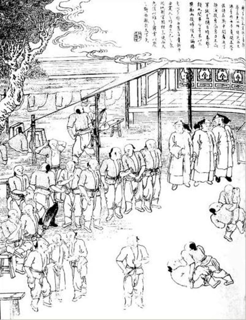 Ringende Soldaten der Qing-Dynastie, historische Darstellung