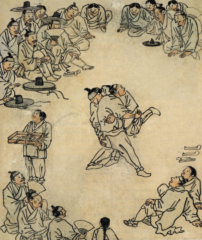 Ssireum-Ringkampf auf einem Genrebild von Kim Hong-do (Danwon), 18. Jahrhundert