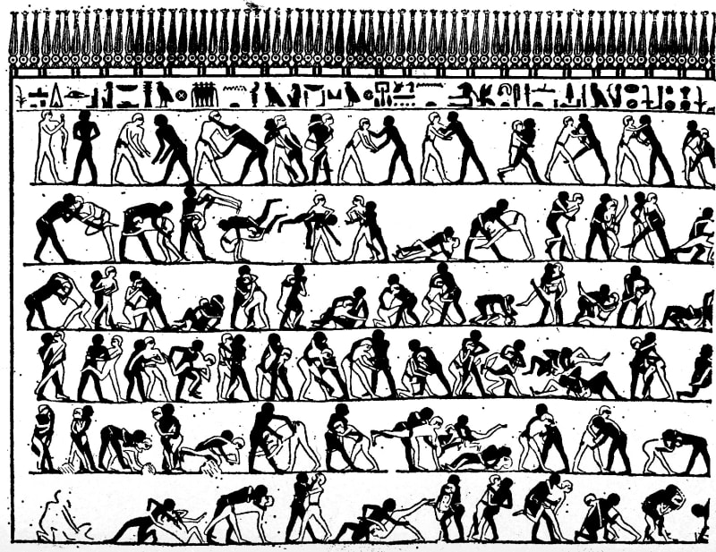 Ringkampfszenen an der Ostwand des Grabes von Baqt in Beni Hasan, um 2000 v. Chr.