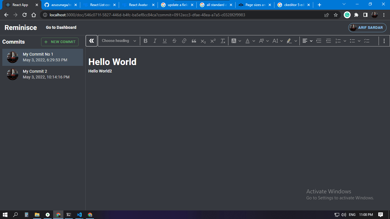 Screenshot of the "Commit" and Document Editor