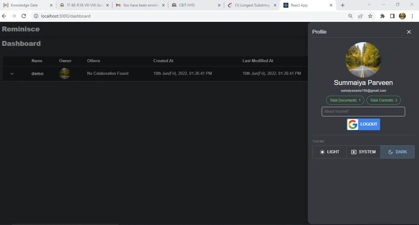 Screenshot of the Authentication Page and User Dashboard