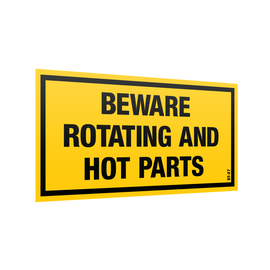XCELR8® 100mm x 50mm Beware Rotating Hot Parts Sticker (Yellow) 