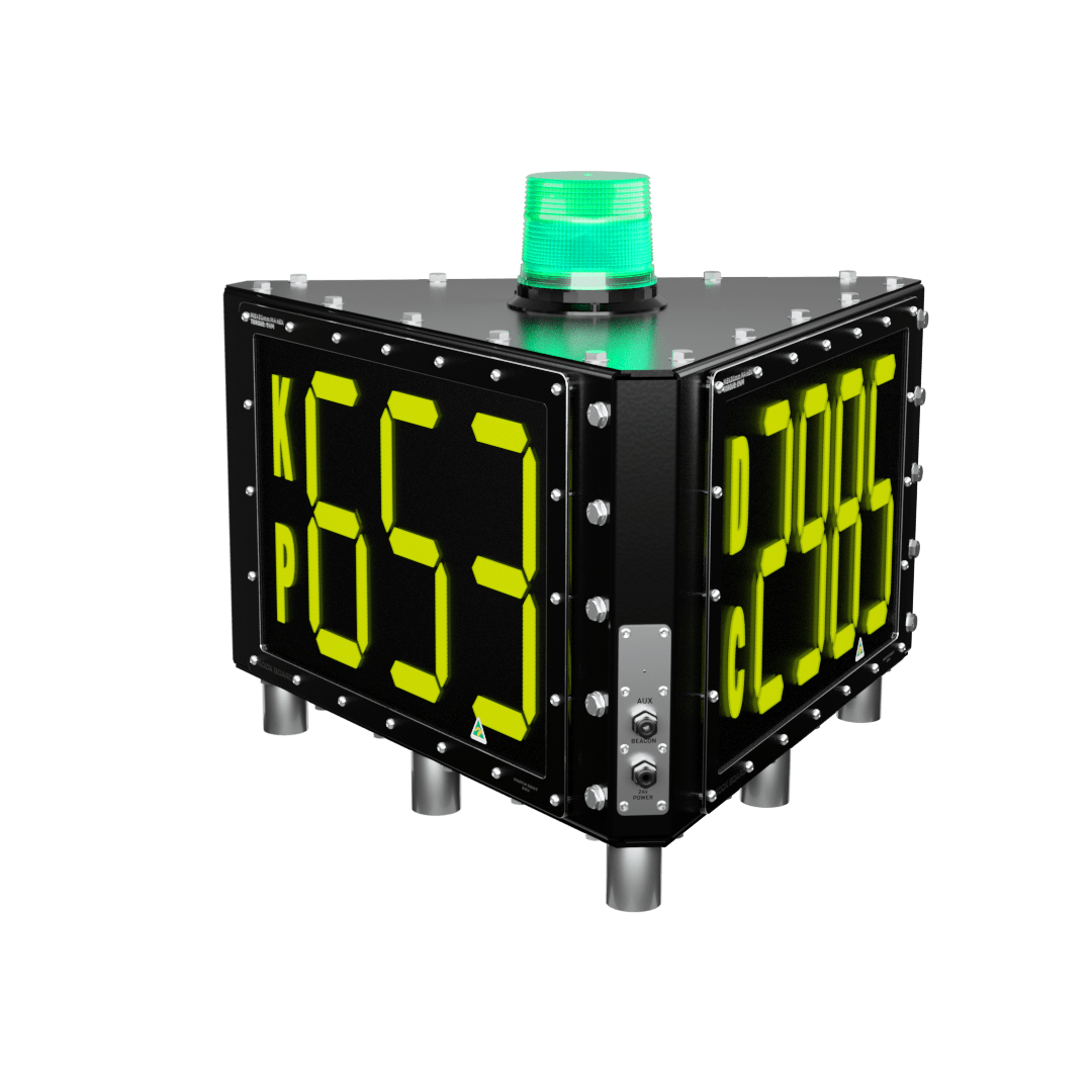 Rock Board® RBHT Triangle Changeable Alpha-Numeric 2 Letter, 3 & 4 Number LED ID Sign - Green Beacon