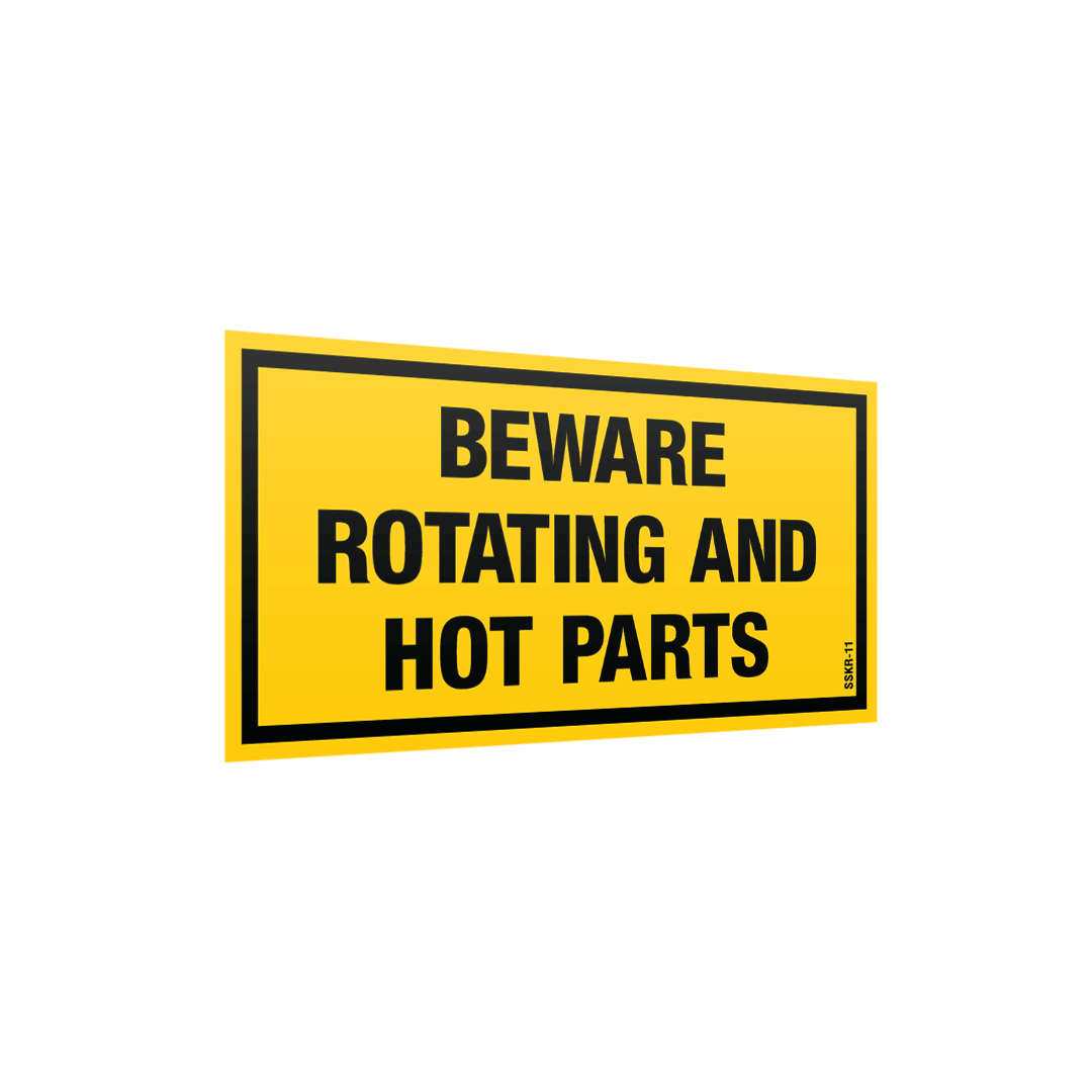 XCELR8® 100mm x 50mm Beware Rotating Hot Parts Sticker (Yellow) 