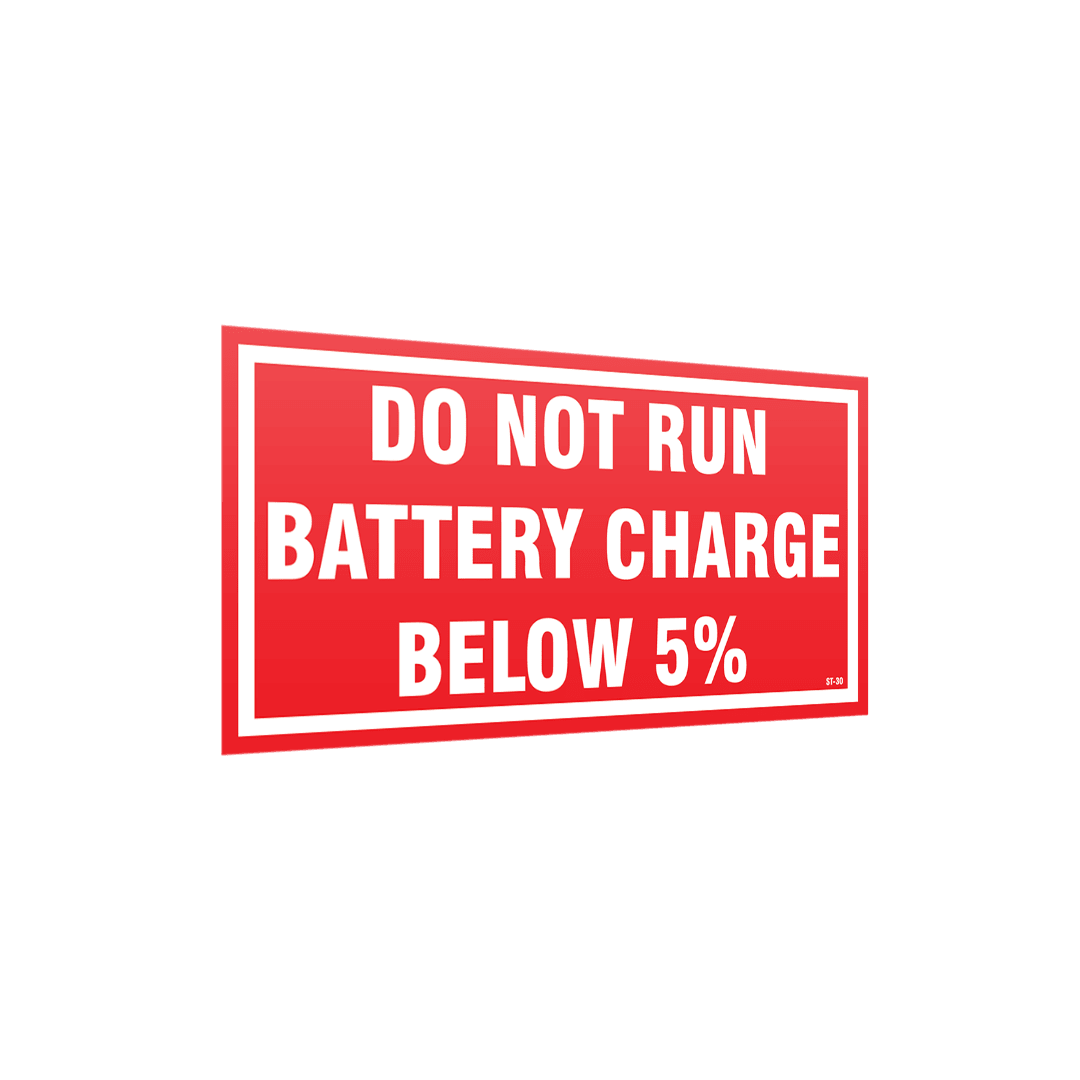XCELR8® 150mm x 75mm Do Not Run Battery Charge Below 5% Sticker  (Red)