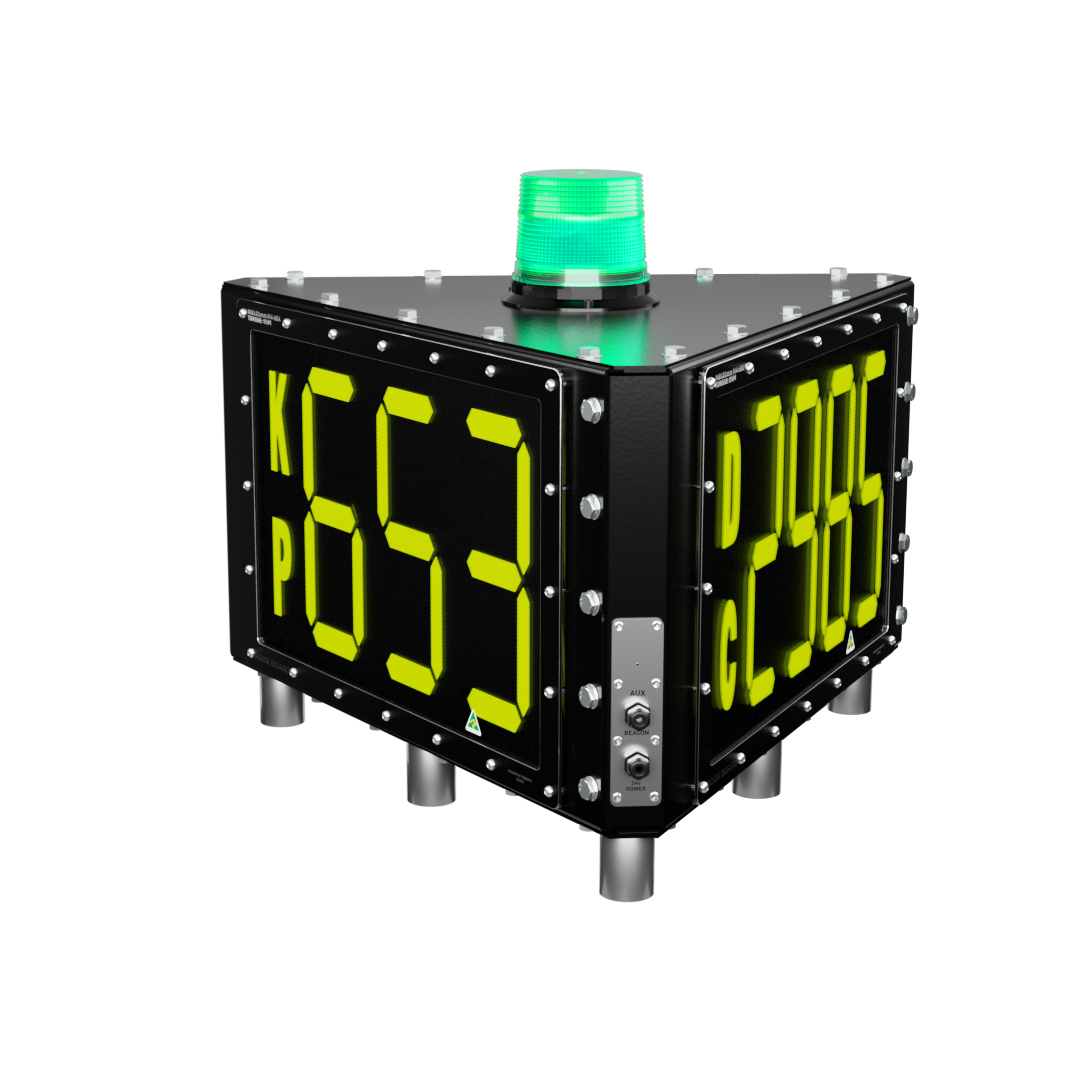 Rock Board® RBHT Triangle Changeable Alpha-Numeric 2 Letter, 3 & 4 Number LED ID Sign - Green Beacon