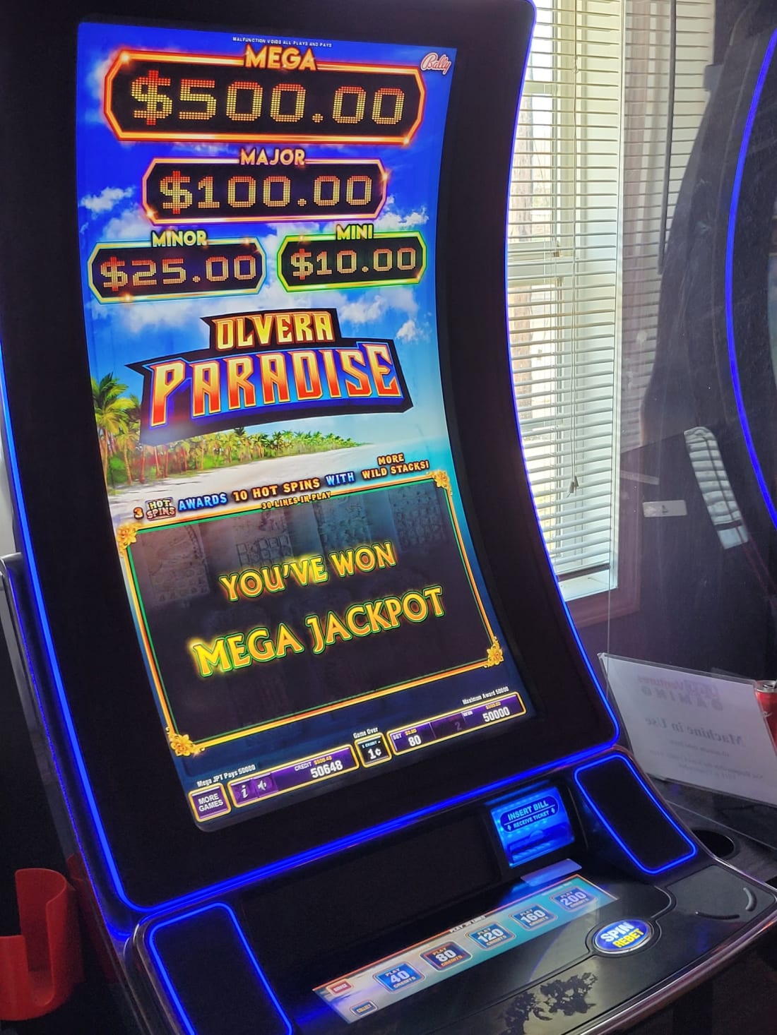 A brightly lit video gaming terminal at Boochie's Slots and Video Poker in Champaign, IL