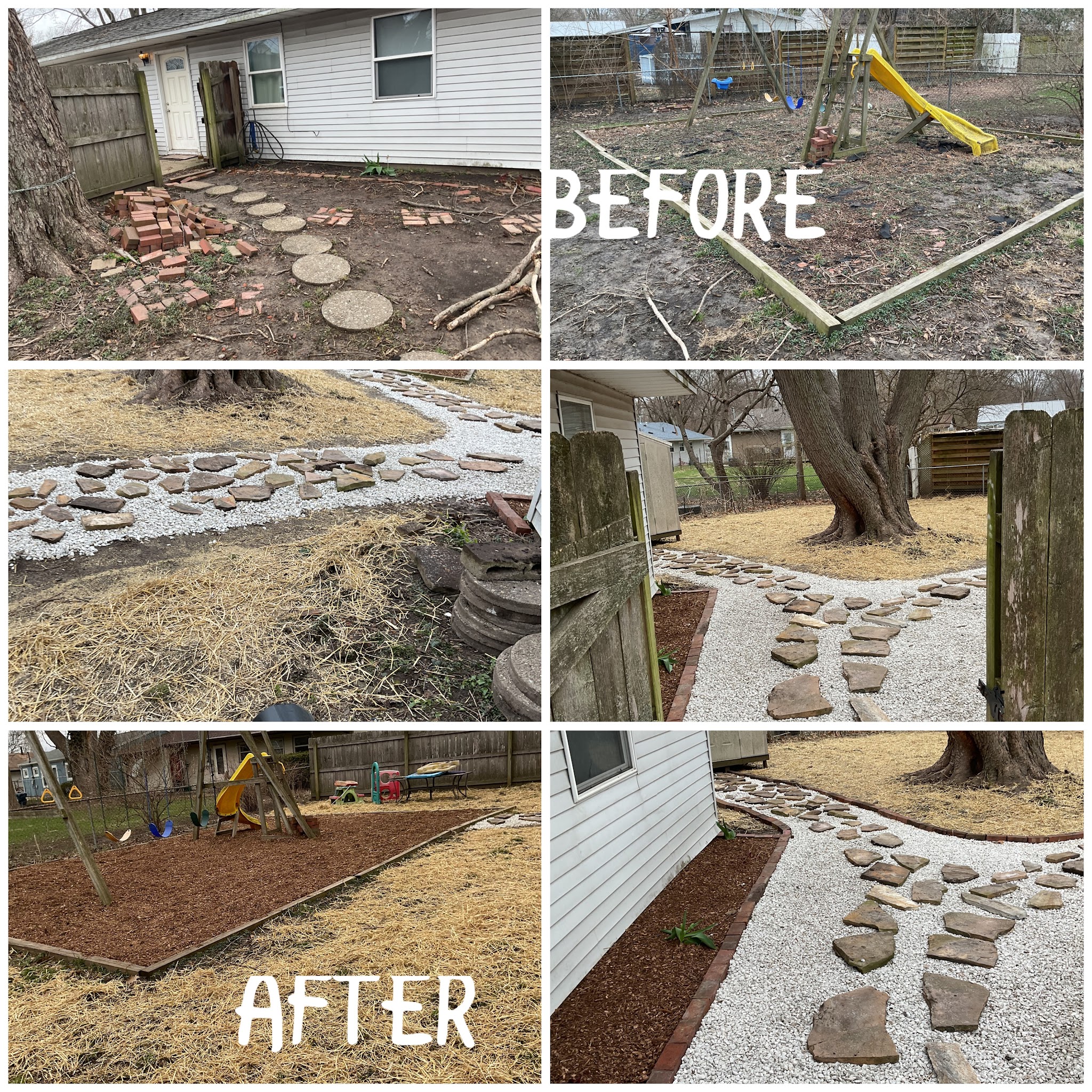 Before and after of a paver walkway and bed installation in Champaign-Urbana, IL