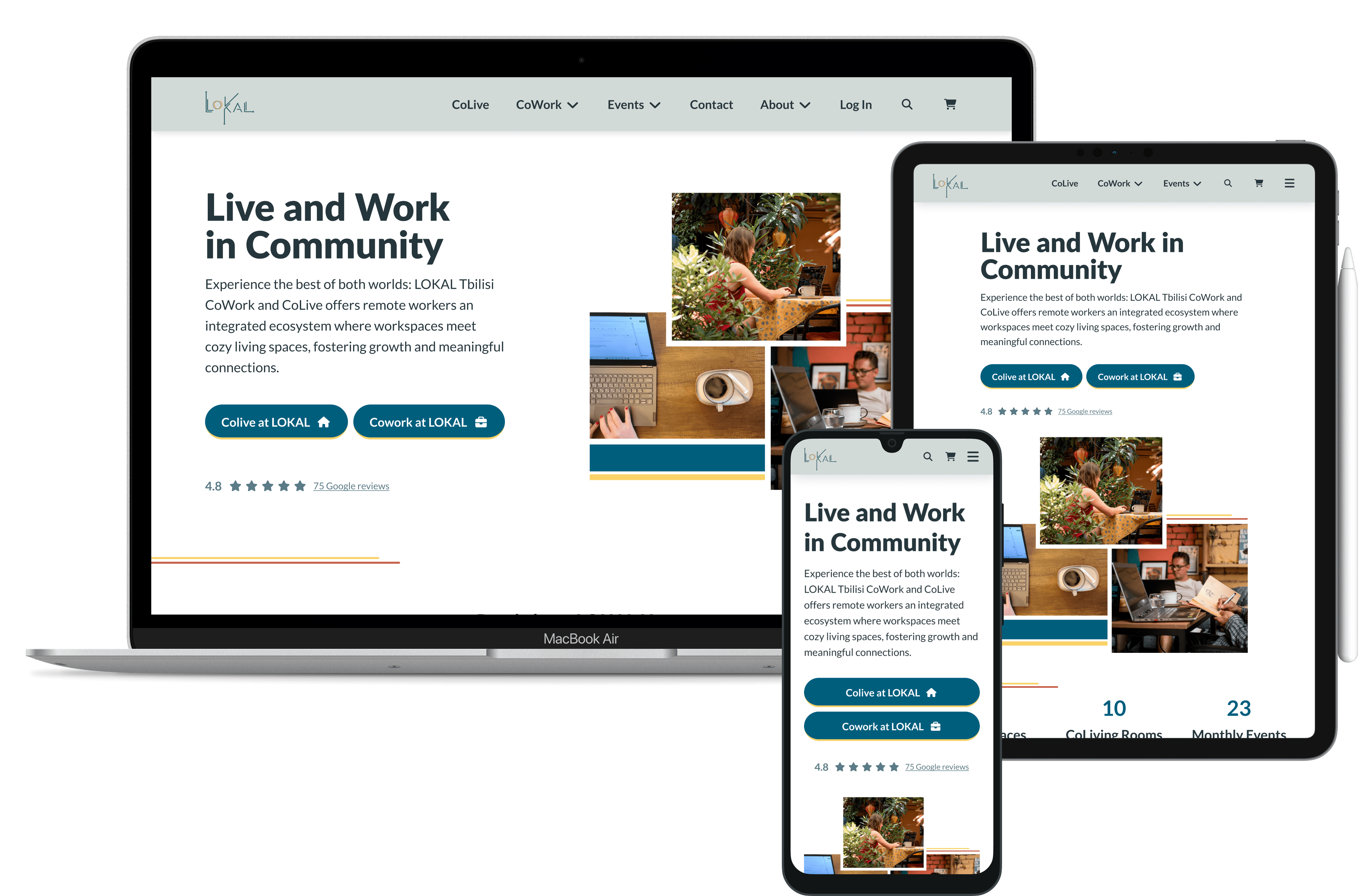 Laptop, tablet, and mobile phone showing coliving/coworking website