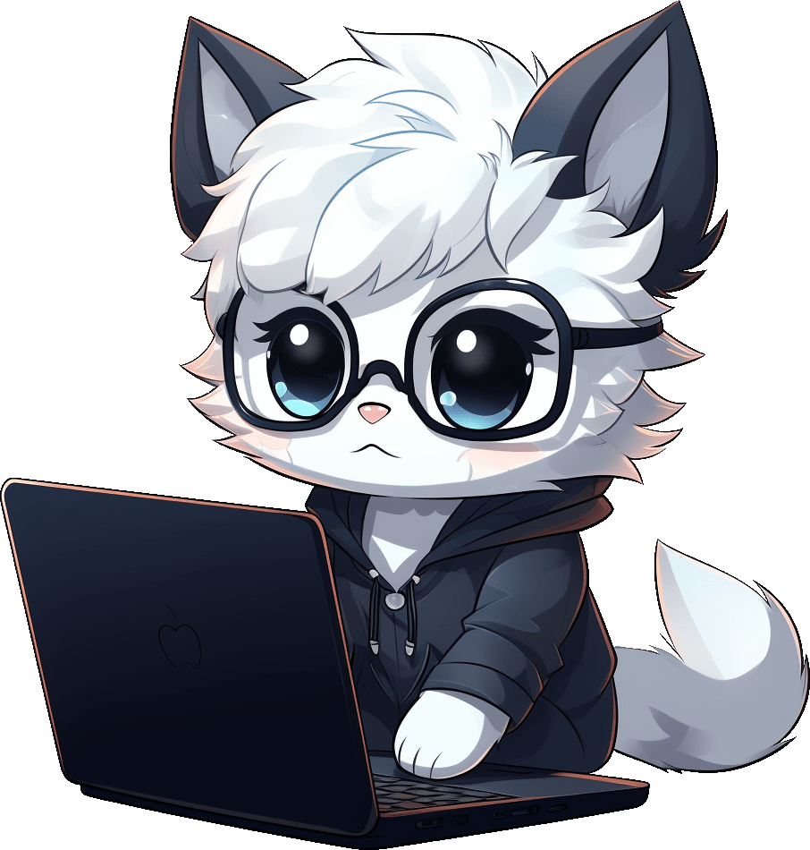 Cartoon cat working on laptop