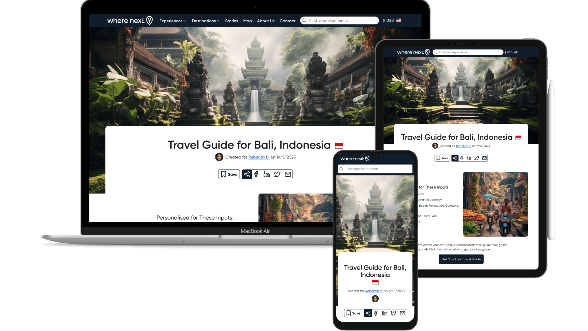 Desktop, tablet, and mobile mockups of travel guide