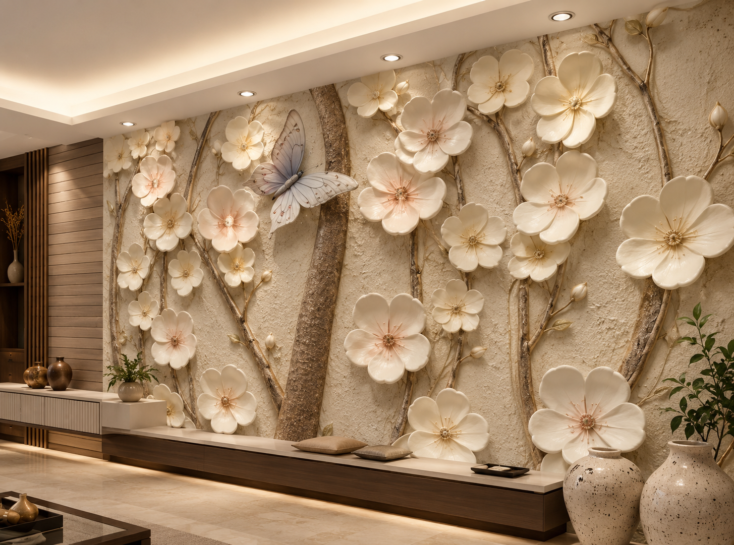 Soft Beige Floral Relief Artwork