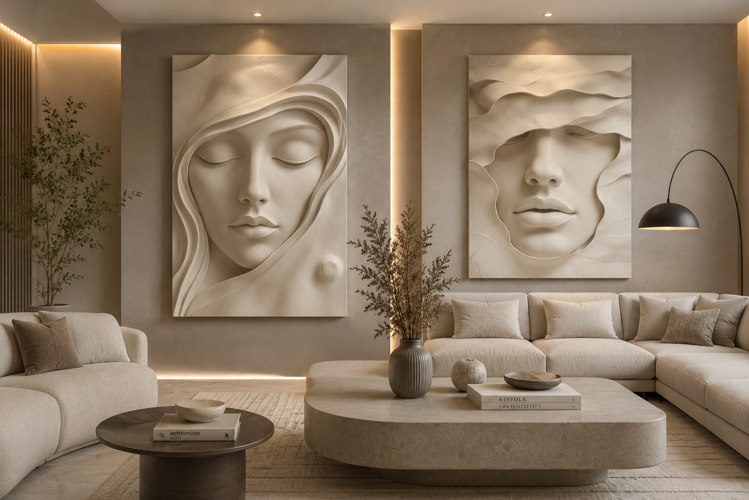 Artistic Beige Relief Face Mural