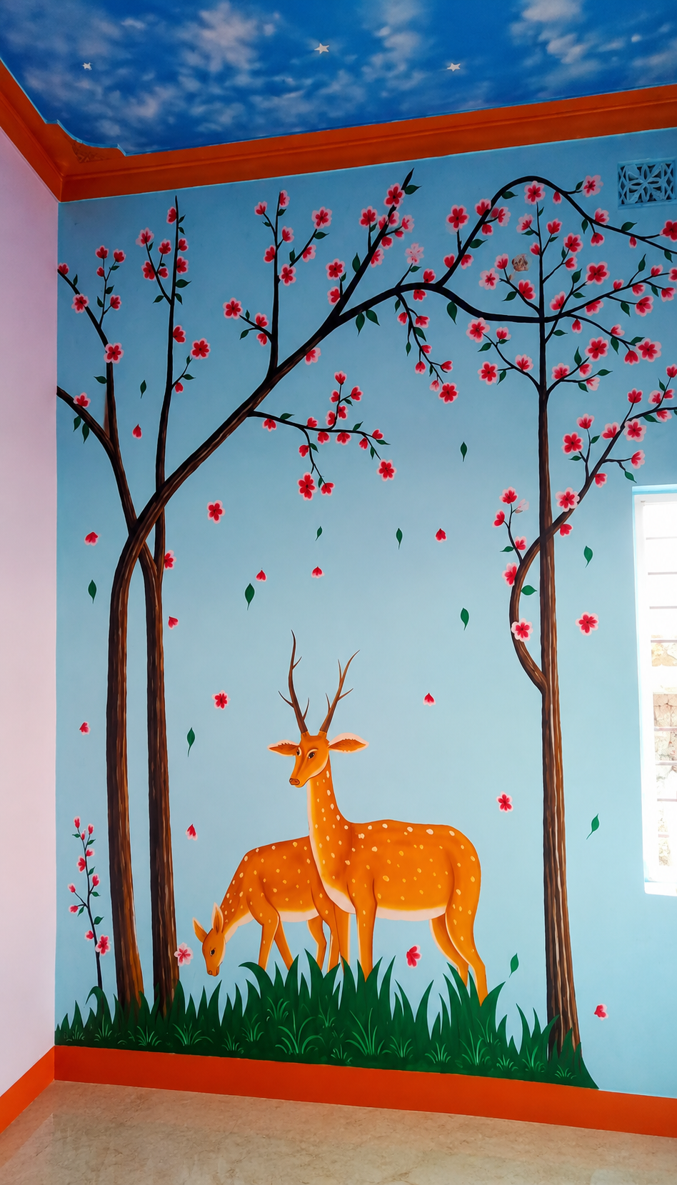 Moonlit Deer & Pink Blossom Wall