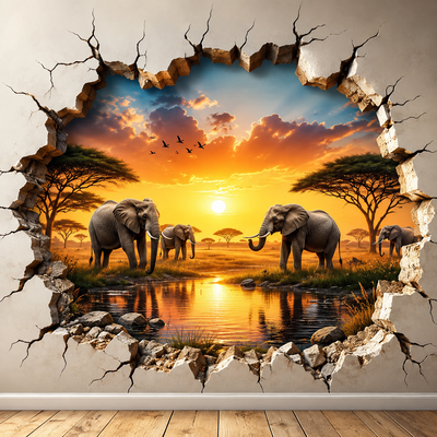 "Elephant Safari Sunset wall painting"