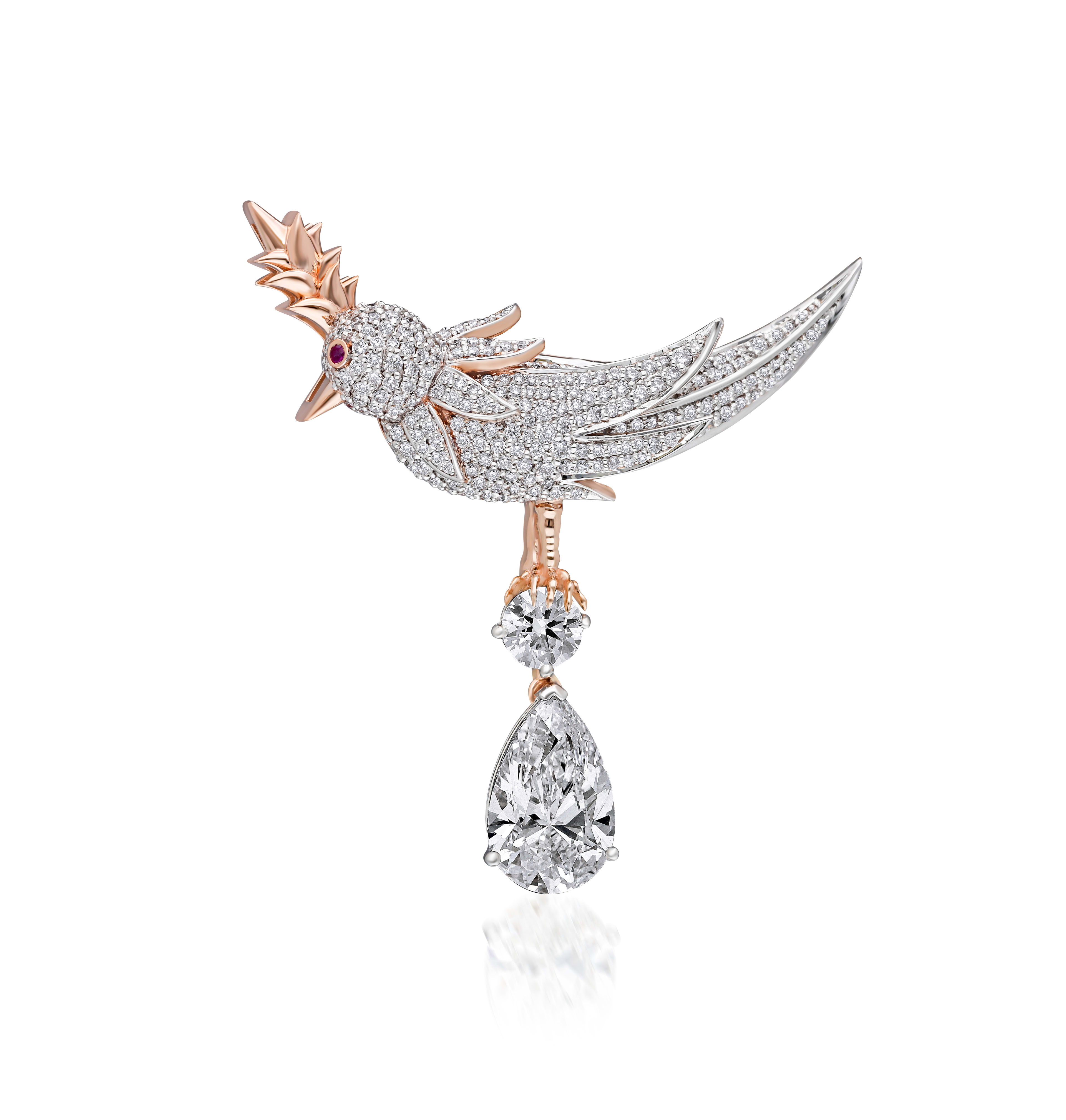 Pavé diamond bird brooch with rose gold crest and pear-cut diamond drop