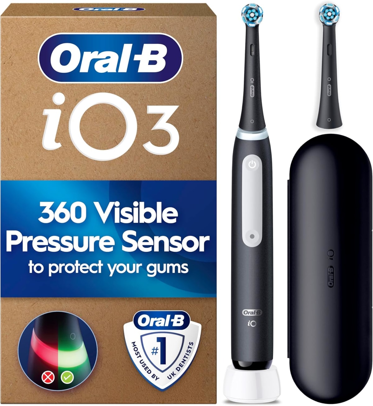 Oral-B iO3 Electric Toothbrush for Adults, Matt Black - Pressure Sensor, with 2 Toothbrush Heads, Long-Lasting Battery with Case for Home and Travel, UK Two Pin Plug