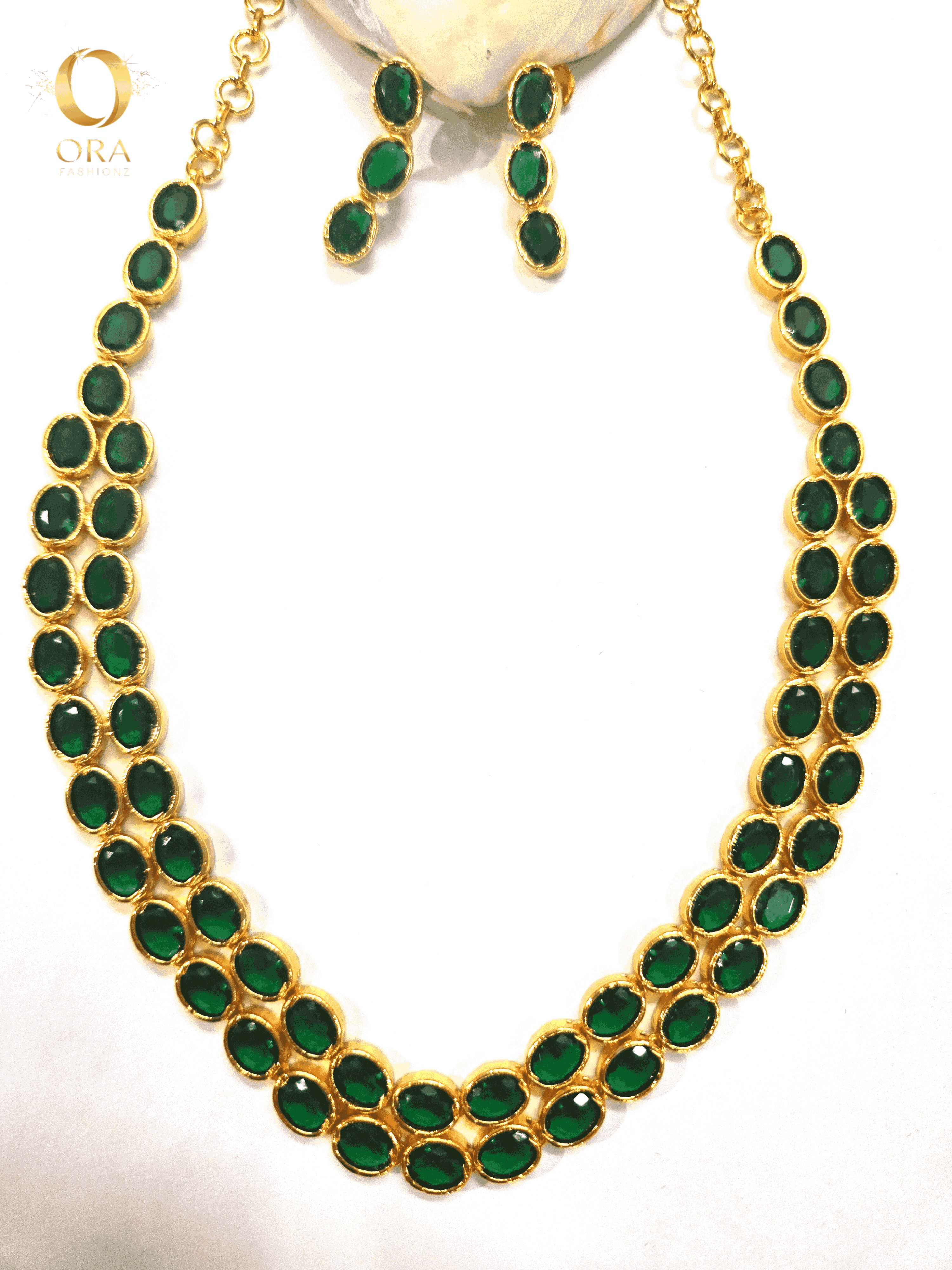 ORA GOLD-TONED DOUBLE STRAND EMERALD NECKLACE SET PREMIUM