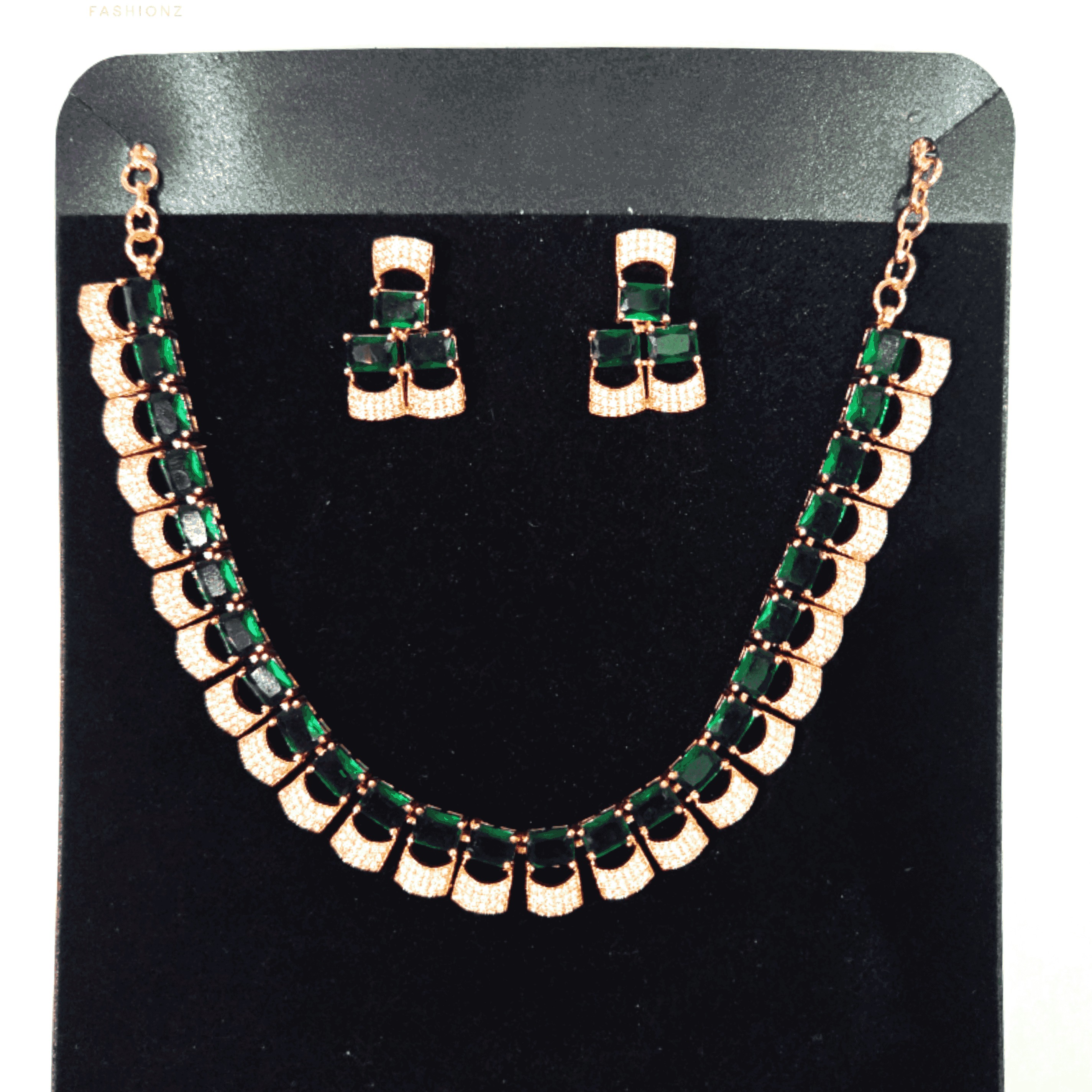 ORA Elegant Rose Gold Plated AD Emerald Necklace Set Premium 