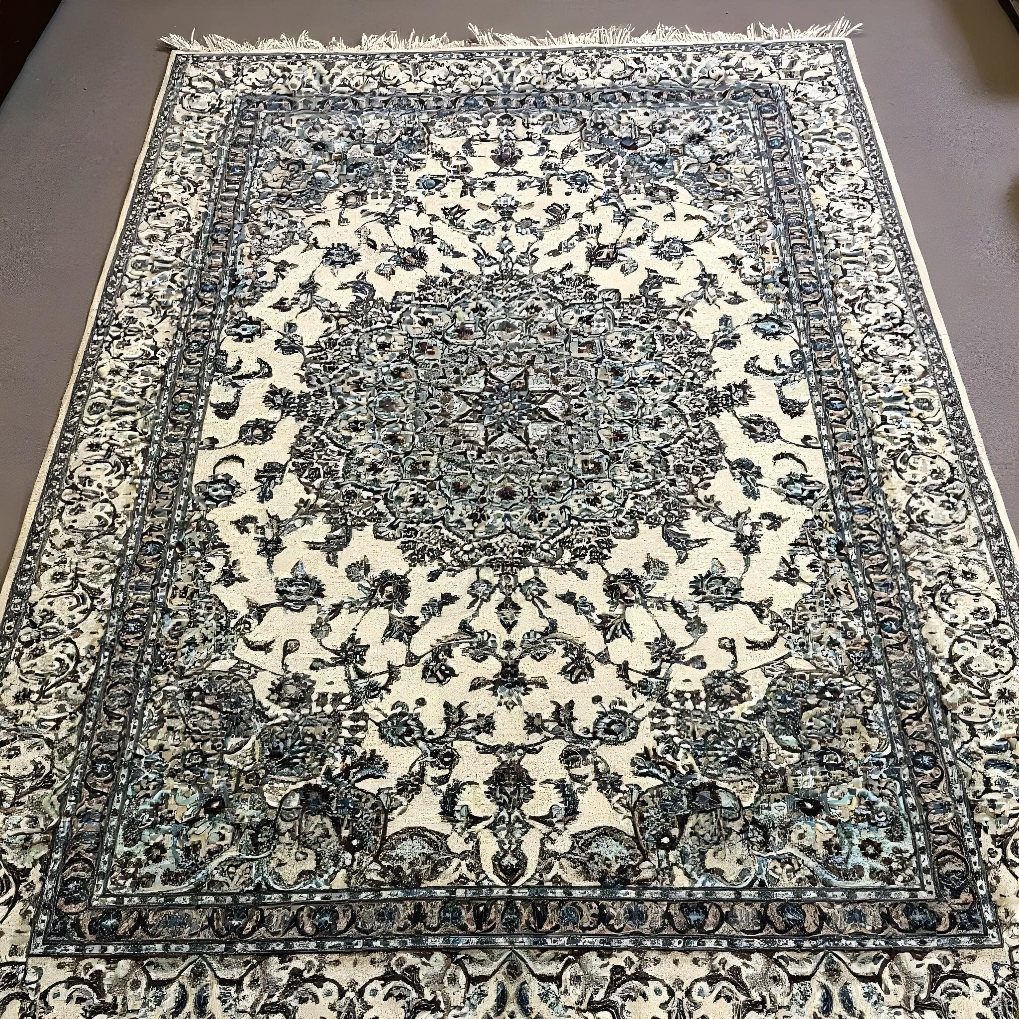 Mehreen Carpets Dubai Mall: Intricate ivory and blue floral Persian rug with ornate central medallion and border design.