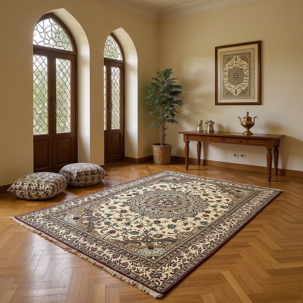 Mehreen Carpets Dubai Mall: Elegant room with intricate Persian carpet, decorative cushions, potted plant, and ornate decor.