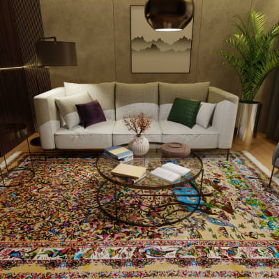 Mehreen Carpets Dubai Mall: Elegant living room with a vibrant floral carpet, modern sofa, and glass coffee table.
