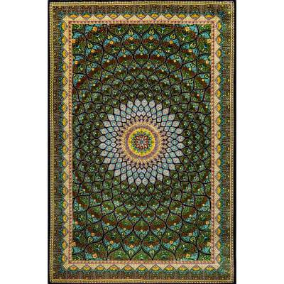 Mehreen Carpets Dubai Mall: Intricate Persian-style carpet, vibrant mandala pattern, rich greens, blues, detailed borders.