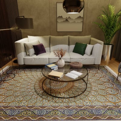 Mehreen Carpets Dubai Mall: Elegant living room, intricate patterned carpet, cozy sofa, glass coffee table, modern decor.