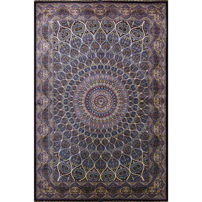 Mehreen Carpets Dubai Mall: Intricate circular pattern, deep blue tones, ornate design, fine craftsmanship, luxury rug.