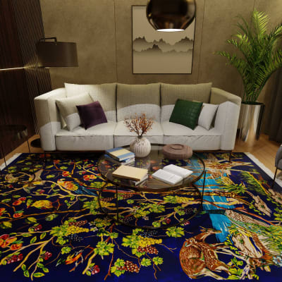 Mehreen Carpets Dubai Mall: Vibrant, floral carpet in cozy living room setting with sectional sofa, glass coffee table, and decor.