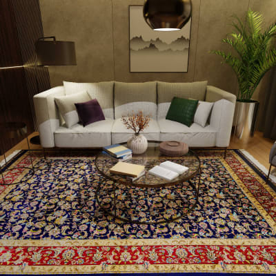 Mehreen Carpets Dubai Mall: Elegant living space with floral Persian carpet, cozy sofa, glass table, and modern decor.