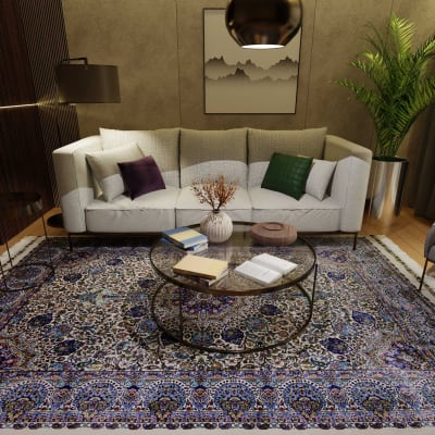 Mehreen Carpets Dubai Mall: Luxurious Persian carpet in elegant living room, featuring a modern sofa and glass coffee table.