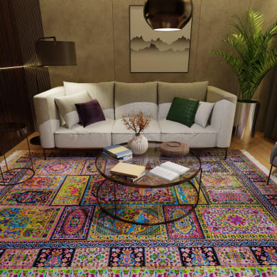 Mehreen Carpets Dubai Mall: Vibrant patterned carpet, elegant sofa, glass coffee table with decor, cozy living space.
