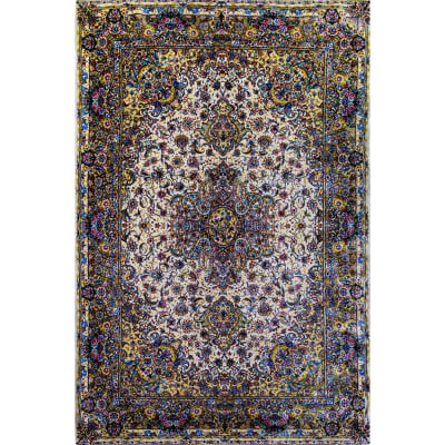 Mehreen Carpets Dubai Mall: Luxurious Persian-style carpet, intricate floral medallion, vibrant colors, ornate borders.