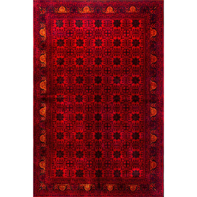 Mehreen Carpets Dubai Mall: Red Afghan carpet with geometric motifs, traditional patterns, decorative borders.